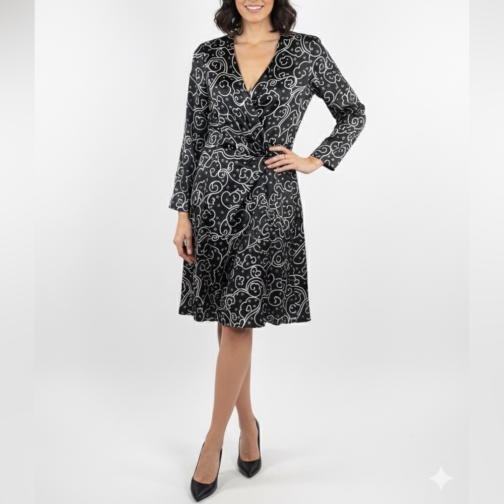 NWT Emporio Armani Black White Swirl Print Silk Dress Long Sleeve Sz 42